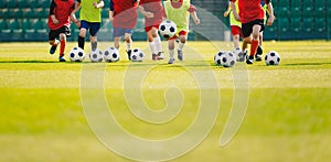 Children play soccer at grass sports field. Football training for kids. Children running and kicking soccer balls at soccer pitch photo