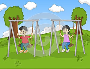 Children play swing in the park cartoon