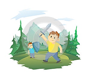 Children play sword fighting in nature. Forest and mountain landscape in the background. Vector illustration isolated on