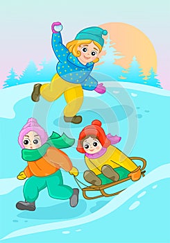 Children play winter games on a frosty morning. sunny day. guys and girls play snowballs and sledge