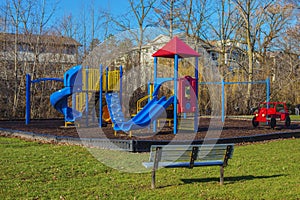 Children playground activities in public park without children . Colorful Safe modern children`s playground.