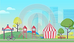 Children playground in big city cartoon flat landscape background vector illustration. Colorful attractions, striped
