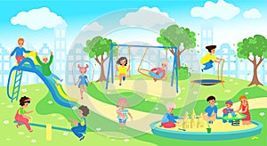 Children at playground in city park, happy kids playing outdoor, vector illustration