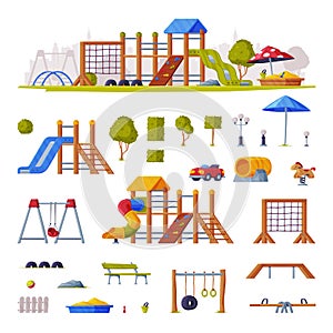 Children Playground Elements with Slide, Swings and Ladders Vector Set