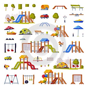 Children Playground Elements with Slide, Swings and Ladders Vector Set