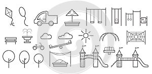 Children playground entertainment set with swings, sandbox and bench in park. Kids area icons. Outline vector