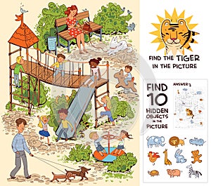 Children in the playground. Find 10 hidden objects in the picture photo
