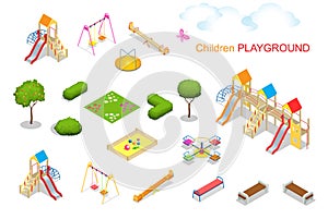 Children playground. Flat 3d isometric vector illustration for infographics. Swing carousel sandpit slide rocker rope