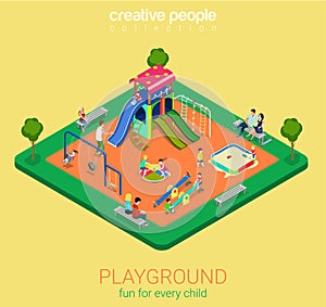 Children playground flat vector 3d isometric sandpit swing slide