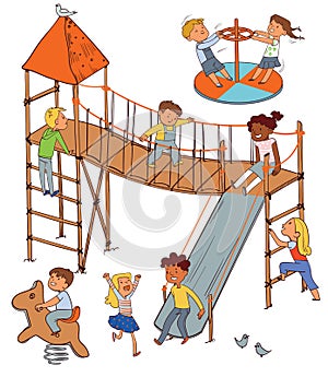 Children in the playground. Funny cartoon character