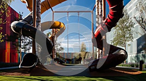 Children Playground with Modern Slide, Rope Net Bridge, Climbing Swings, Climbers. Empty Wooden Playground made of Eco