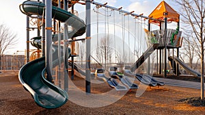 Children Playground with Modern Slide, Rope Net Bridge, Climbing Swings, Climbers. Empty Wooden Playground made of Eco