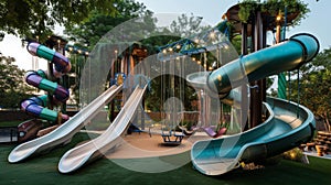 Children Playground with Modern Slide, Rope Net Bridge, Climbing Swings, Climbers. Empty Wooden Playground made of Eco