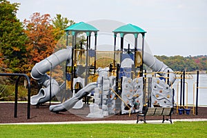 Children playground overlooking the fall foliage at Wellesley Island State Park, New York, U.S.A