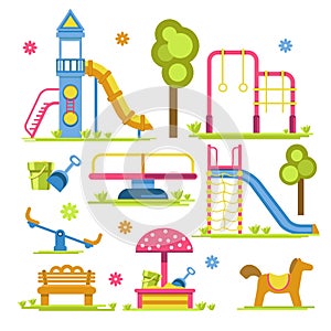 Children playground slide and sandbox seesaw and merry-go-round