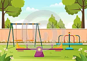 Children Playground with Swings, Slide, Climbing Ladders and More in the Amusement Park for Little Ones to Play in Illustration