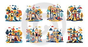 Children playgrounds minimalistic cartoon vector set. Kids game spaces slides swing castles towers, nature trees clouds