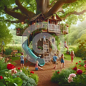 Children playing around a treehouse