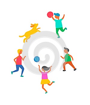 Children Playing in Ball, Dog Pet Outdoors Vector