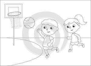 Children playing basketball black and white vector