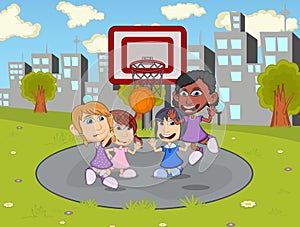 Children playing basketball in the city park cartoon