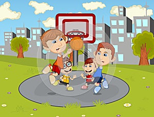 Children playing basketball in the city park cartoon