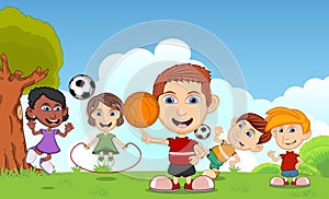 Children playing basketball, jumping rope, soccer in the park cartoon vector illustration