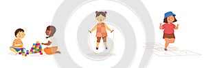 Children playing with blocks, asian girl jumping rope and girl playing hopscotch vector set. Summer activities. Children