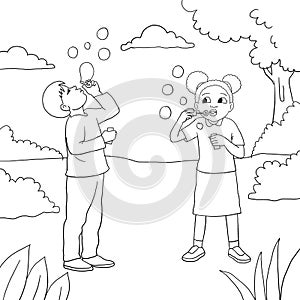 children playing bubbles in the park line art illustrations