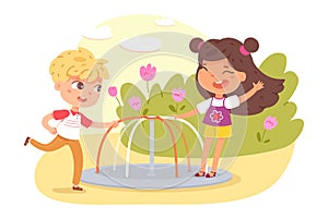 Children playing on carousel in park or playground. Happy kids doing outdoor summer activities vector illustration. Boy