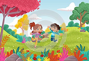 Children playing in colorful cartoon forest. Kids at green park with grass and trees.