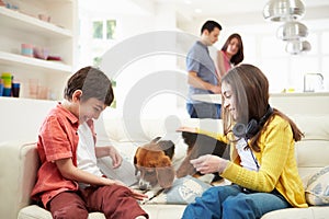 Children Playing With Dog On Sofa