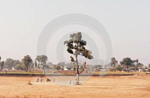 Children playing in the field of cricket. Landscape in India