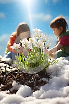 Children playing with flowers on a meadow with grass growing through the melting snow.