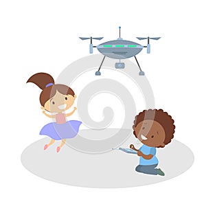 Children playing with flying quadcopter or drone