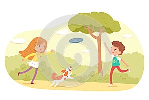 Children playing with frisbee in park or playground. Happy kids doing outdoor summer activities vector illustration. Boy