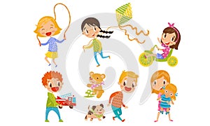 Children Playing And Having Fun In Different Activity And Toys Vector Illustration Set