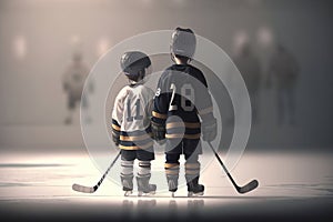 Children playing hockey game, winter sport, generative AI