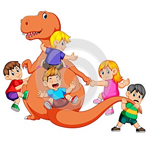 The children playing and holding the Tyrannosaurus Rex`s body and pull his tail some of them holding his hand