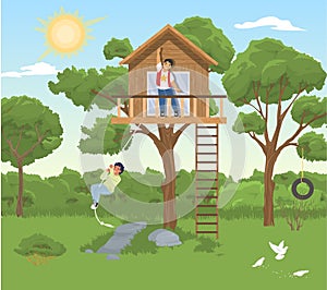 Children playing in house on tree at backyard garden vector illustration