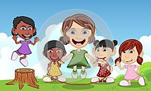 Children playing jump rope, eat ice cream and waving hand in the park, cartoon vector illustration