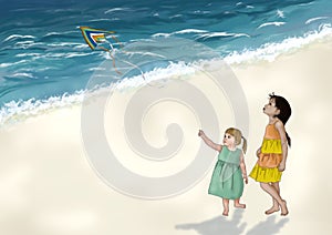 Children playing with kite on a beach