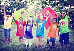 Children Playing Kite Bonding Friendship Concepts