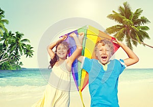 Children Playing Kite Happiness Cheerful Beach Summer Concept