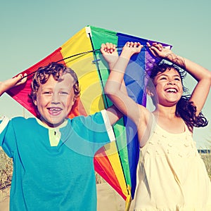 Children Playing Kite Happiness Cheerful Beach Summer Concept