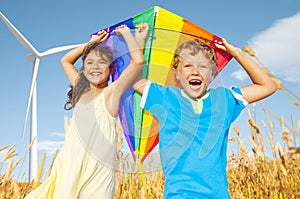 Children Playing Kite Happiness Cheerful Summer Concept