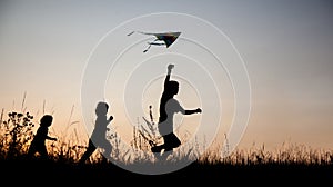 Children playing kite on summer sunset meadow silhouetted