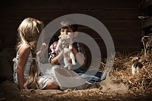 Children playing with a kittens