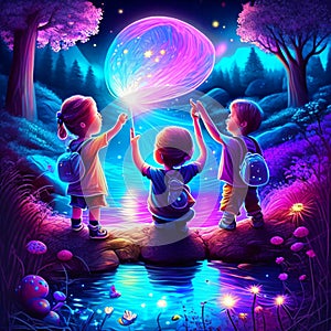 Children playing with magic ball in fantasy landscape. Cartoon vector illustration. Generative AI