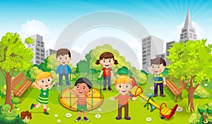 Children playing in the middle of the park against the backdrop of the city. Vector